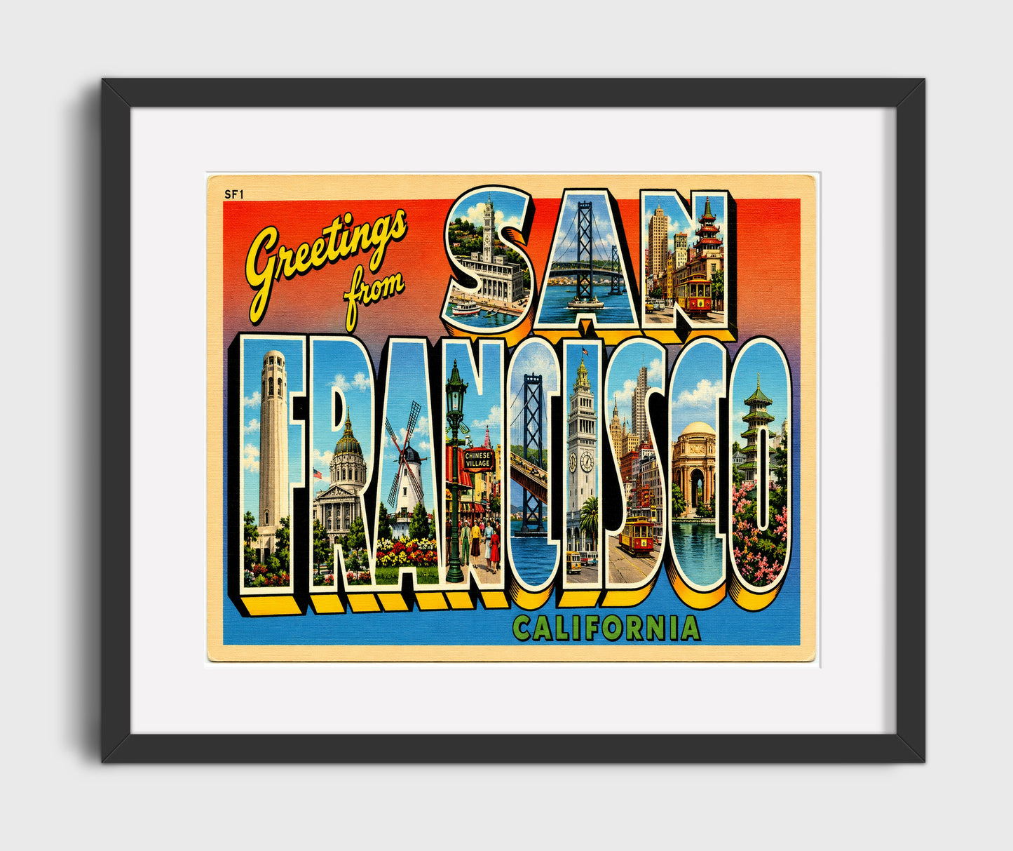 San Francisco, California Vintage Postcard - Vintage American Wall Art 16x20 Gallery Framed Artwork wall art print – framed decor