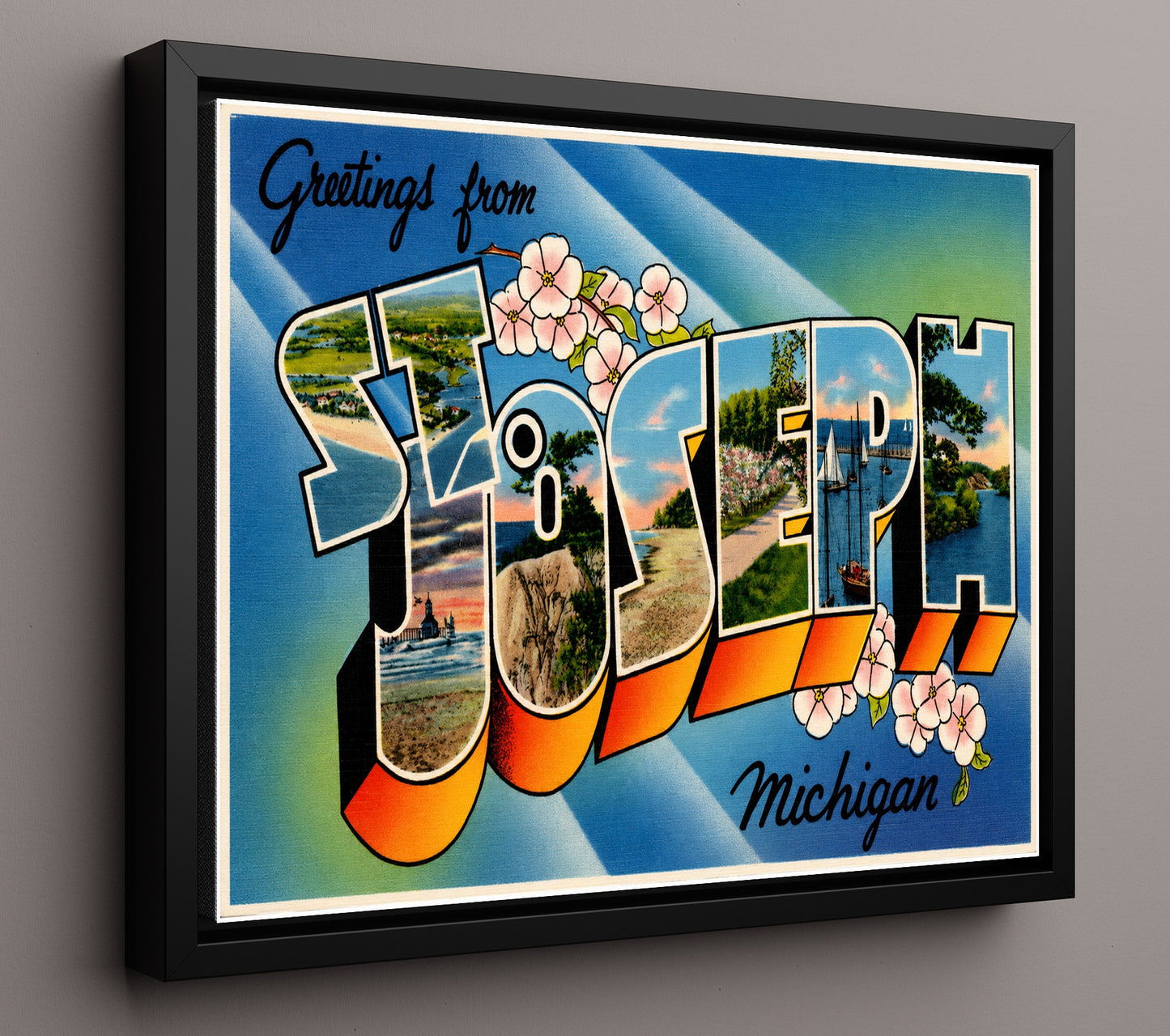 Saugatuck, Michigan Vintage Postcard - Vintage American Wall Art 16x20 Floating Canvas Display wall art print – framed decor