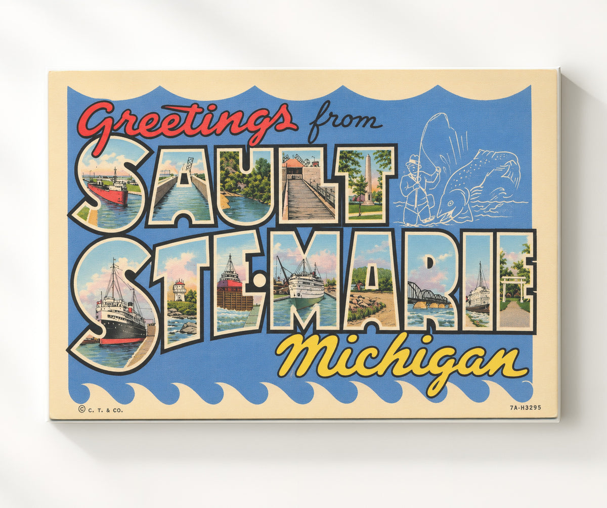 Greetings from Sault Ste. Marie, Michigan 8x10 Canvas vintage postcard wall art