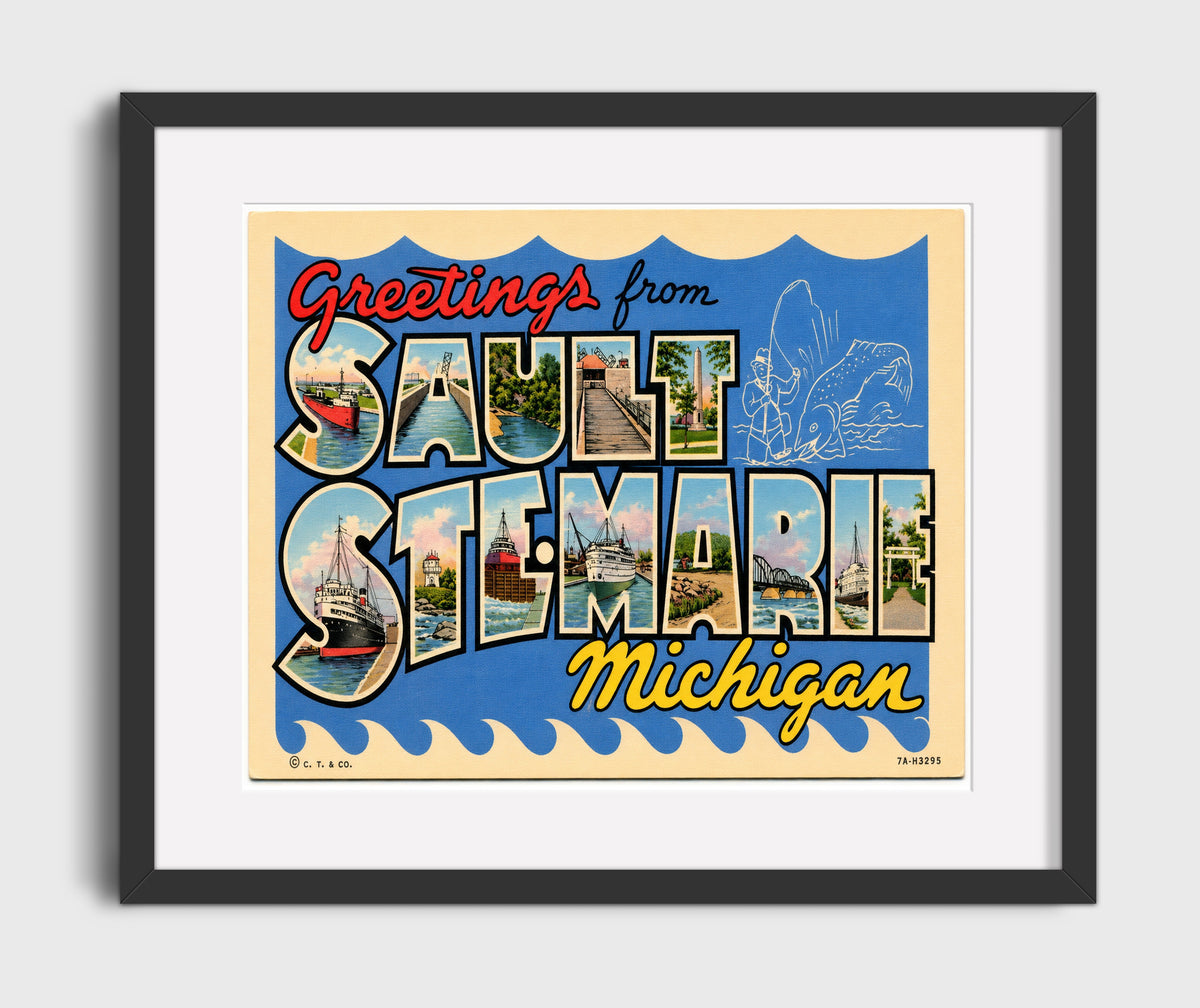 Greetings from Sault Ste. Marie, Michigan 16x20 Gallery Frame vintage postcard wall art
