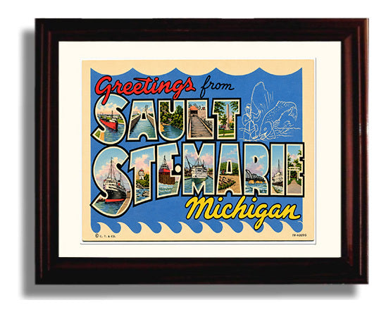 Sault Ste Marie, Michigan Vintage Postcard - Vintage American Wall Art Framed 8x10 Matted Beveled Frame wall art print – framed decor