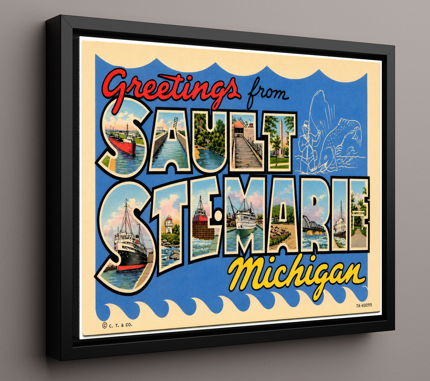 Sault Ste Marie, Michigan Vintage Postcard - Vintage American Wall Art 16x20 Floating Canvas Display wall art print – framed decor