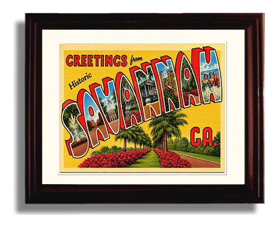 Greetings from Savannah, Georgia 8x10 Beveled Frame vintage postcard wall art