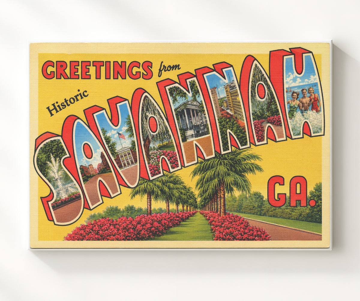 Greetings from Savannah, Georgia 8x10 Canvas vintage postcard wall art