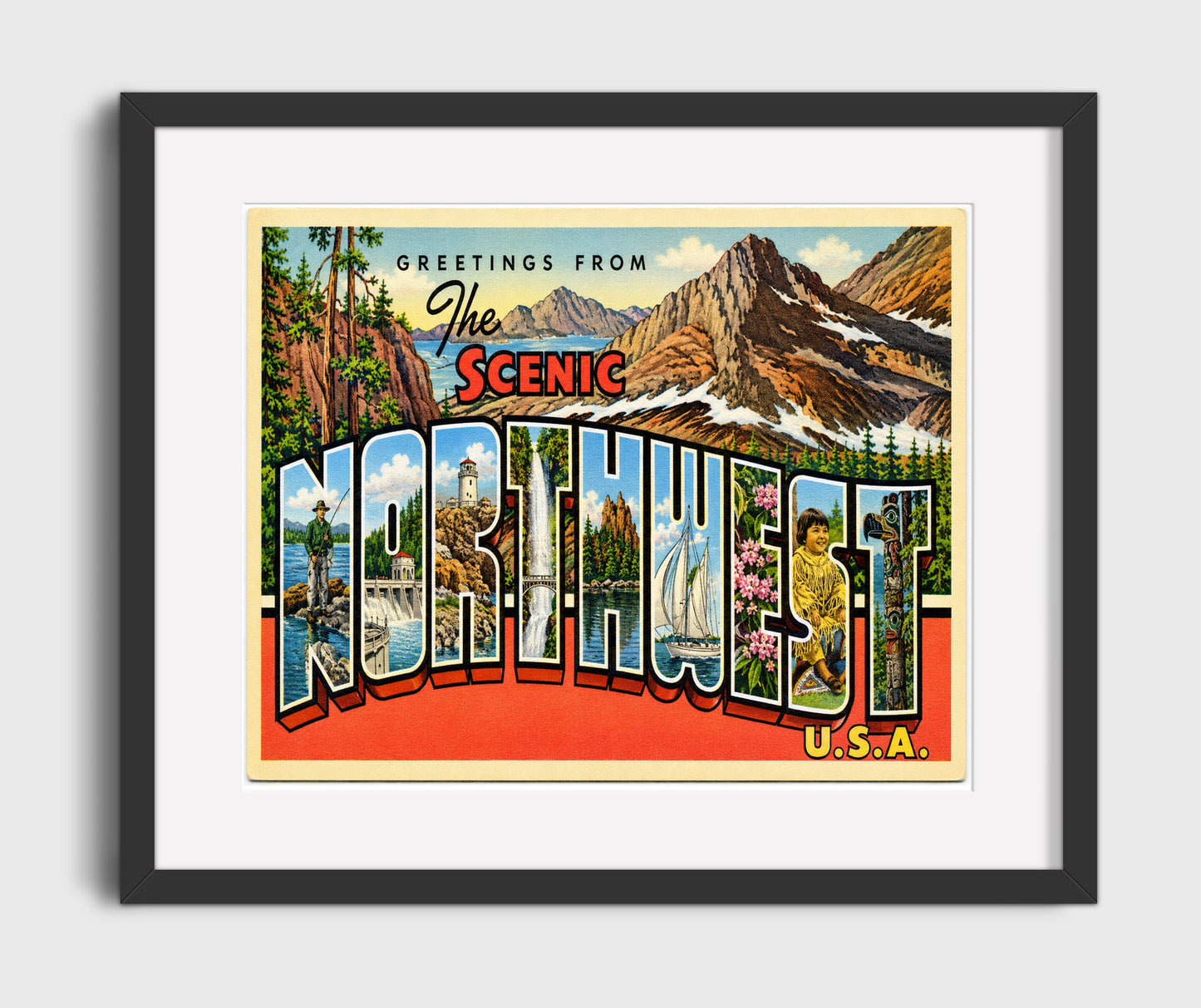 Scenic Northwest USA Vintage Postcard - Vintage American Wall Art 16x20 Gallery Framed Artwork wall art print – framed decor