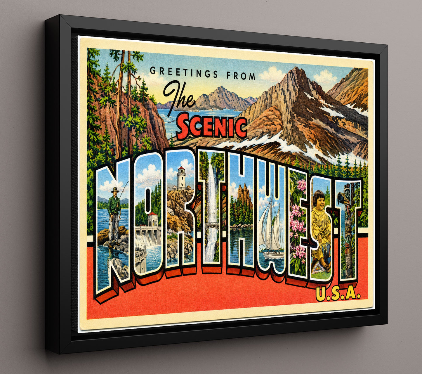 Scenic Northwest USA Vintage Postcard - Vintage American Wall Art 16x20 Floating Canvas Display wall art print – framed decor