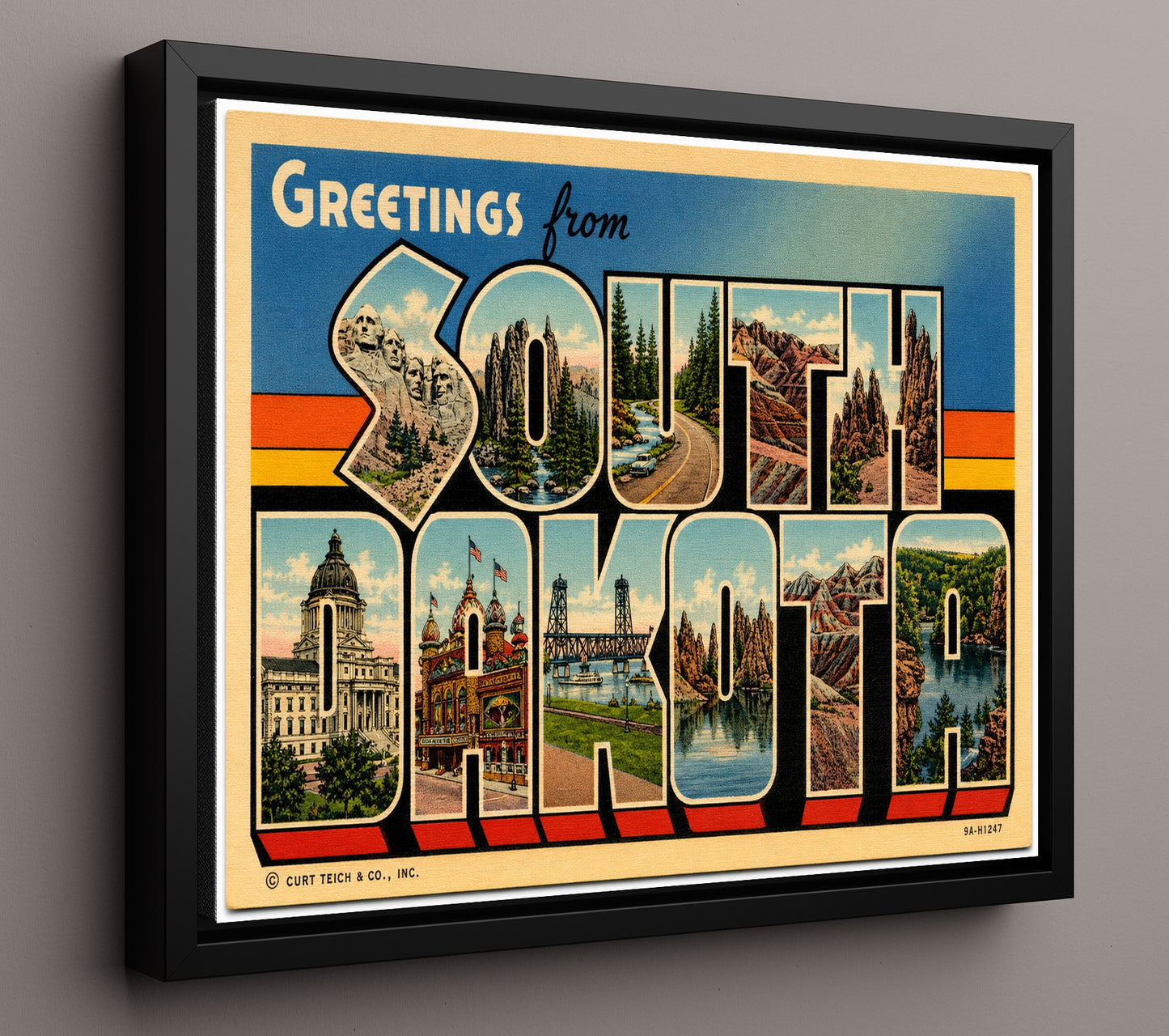 South Dakota Vintage Postcard - Vintage American Wall Art 16x20 Floating Canvas Display wall art print – framed decor