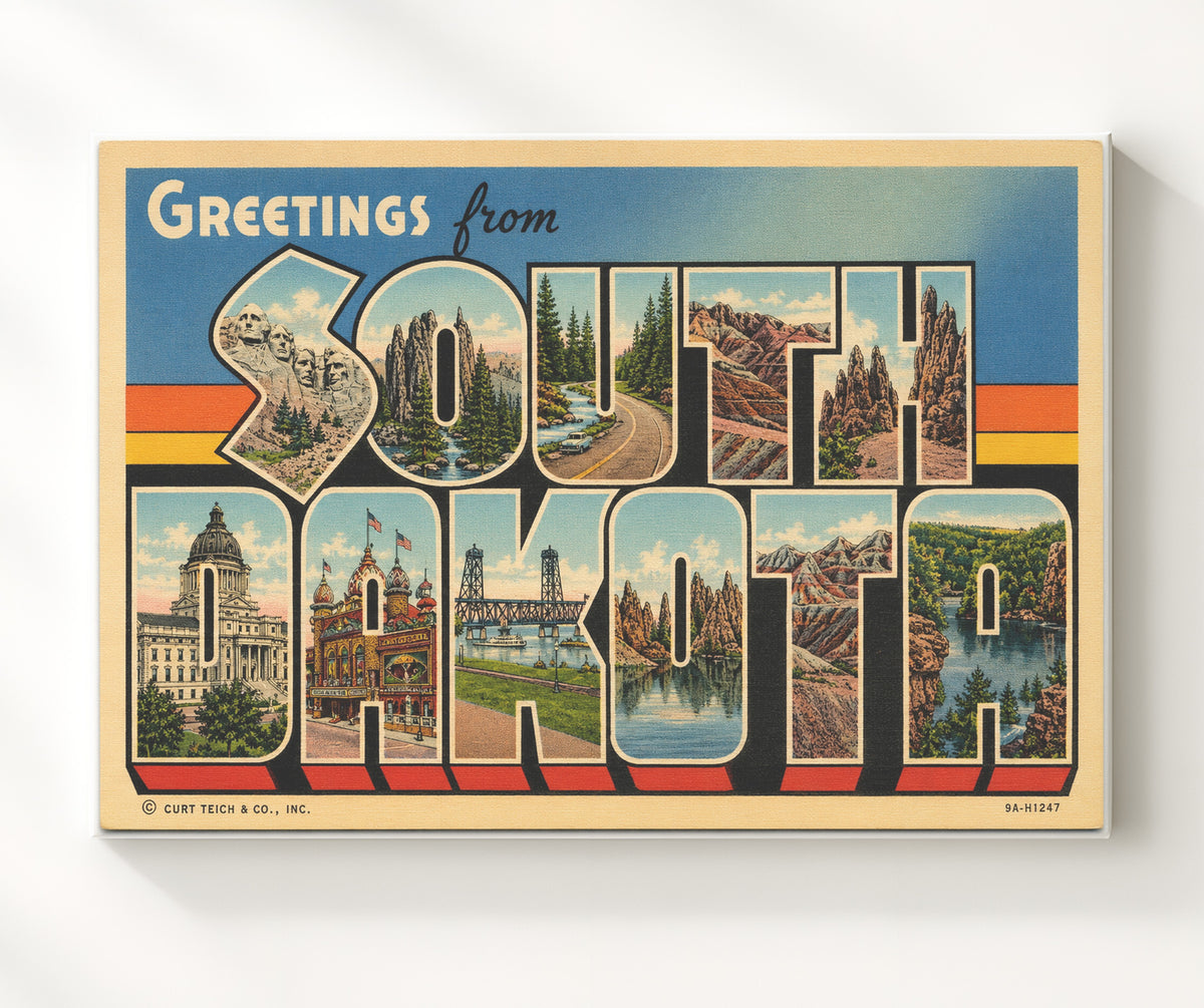 Greetings from South Dakota 8x10 Canvas vintage postcard wall art