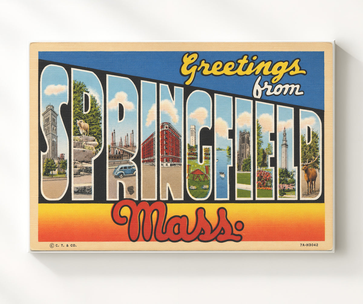 Greetings from Springfield, Massachusetts 8x10 Canvas vintage postcard wall art