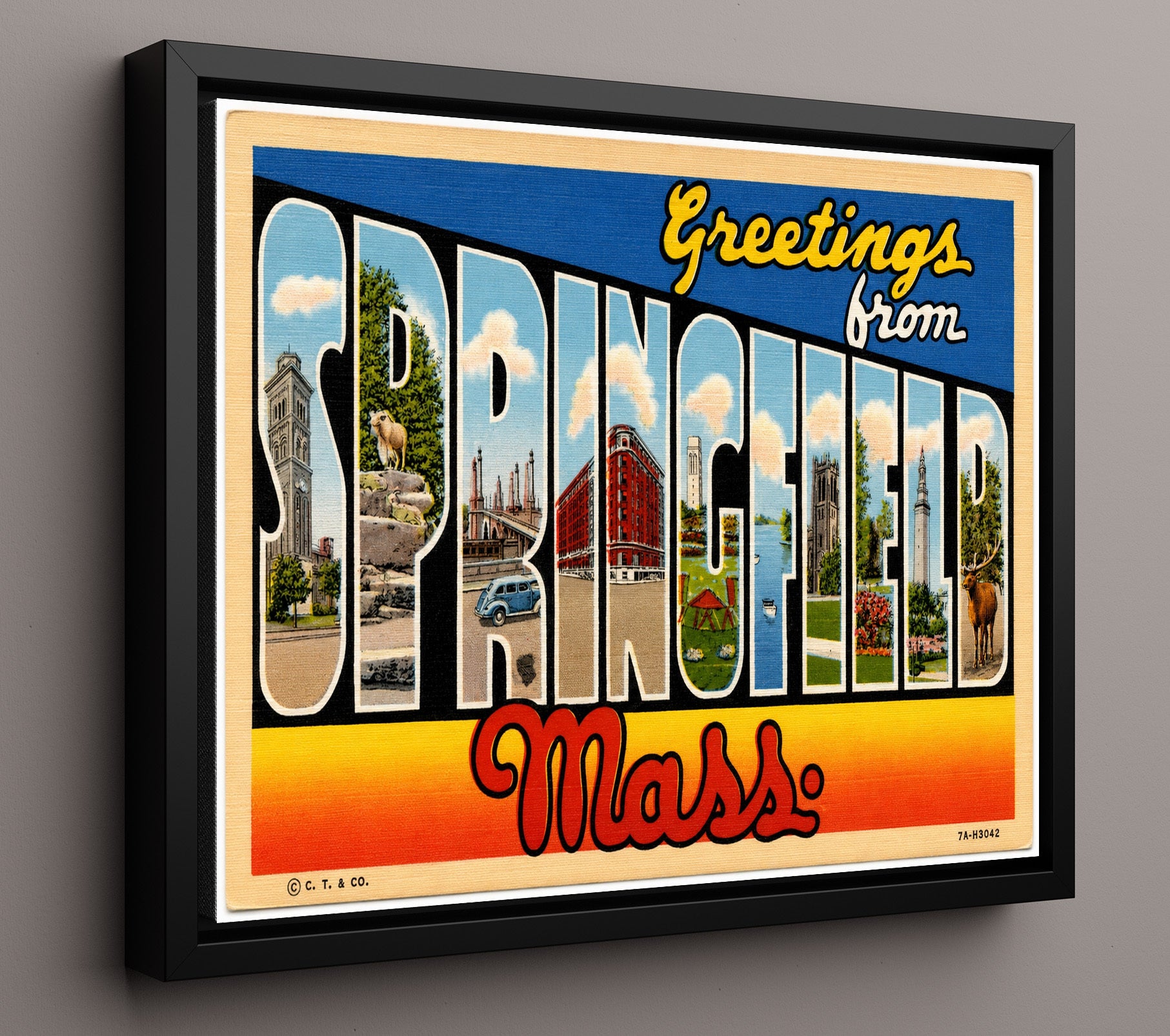 Springfield, Massachusetts Vintage Postcard - Vintage American Wall Art 16x20 Floating Canvas Display wall art print – framed decor