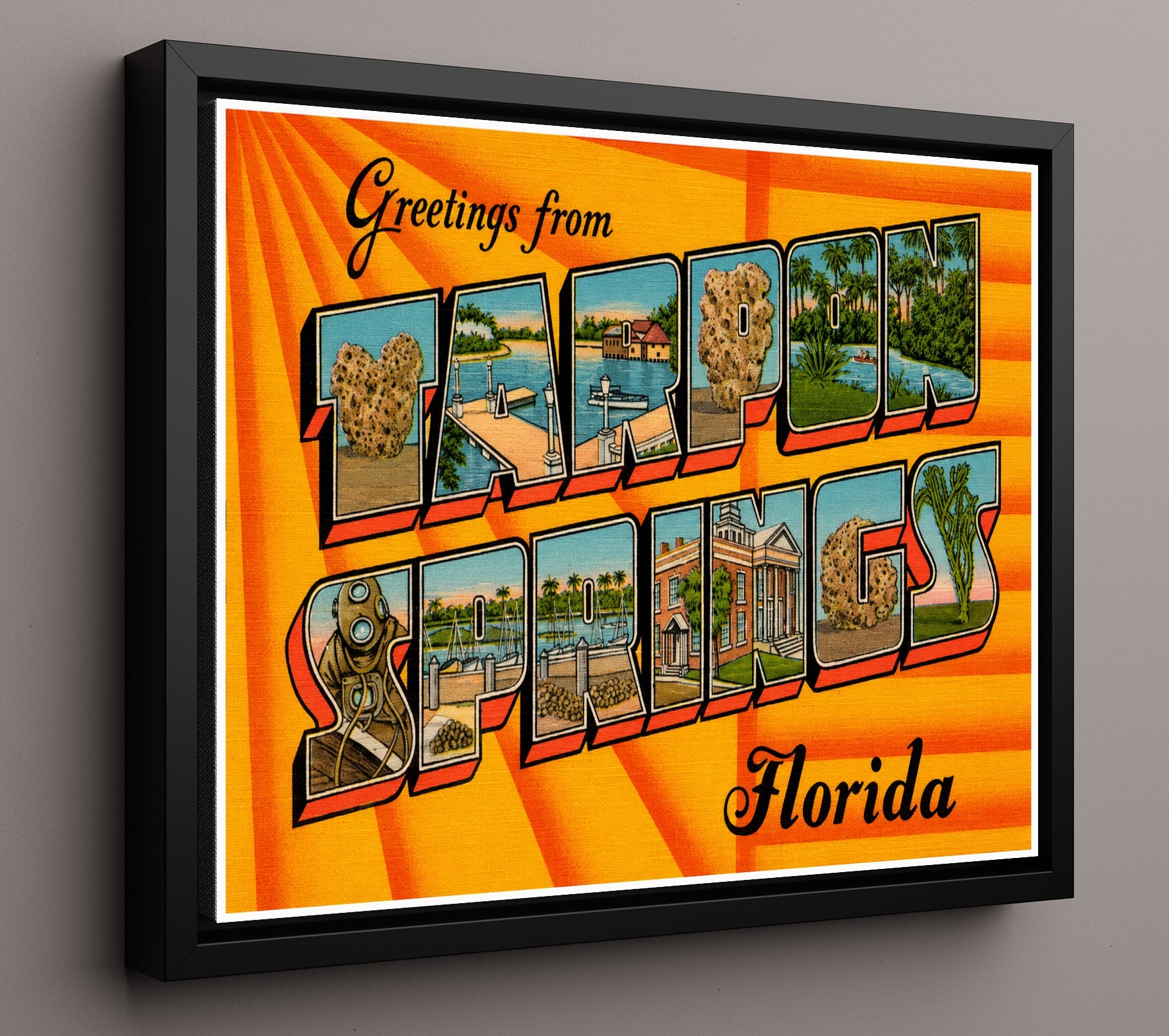 Tarpon Springs, Florida Vintage Postcard - Vintage American Wall Art 16x20 Floating Canvas Display wall art print – framed decor