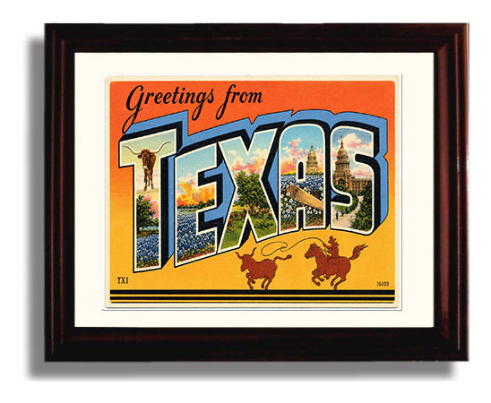 Greetings from Texas - Bluebonnet State Scene 8x10 Beveled Frame vintage postcard wall art