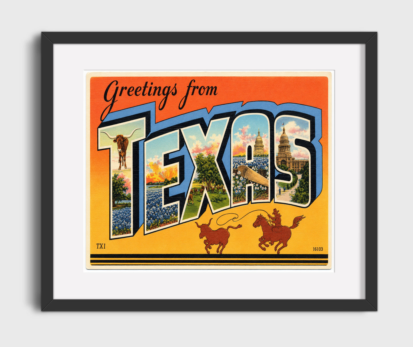 Texas Bluebonnet State Scene Vintage Postcard - Vintage American Wall Art 16x20 Gallery Framed Artwork wall art print – framed decor