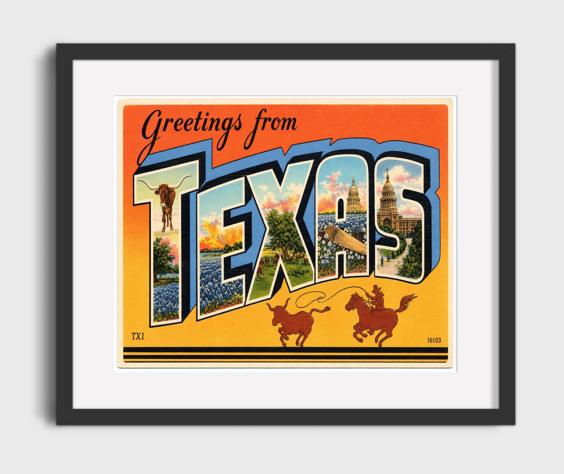 Texas Bluebonnet State Scene Vintage Postcard - Vintage American Wall Art 16x20 Gallery Framed Artwork wall art print – framed decor