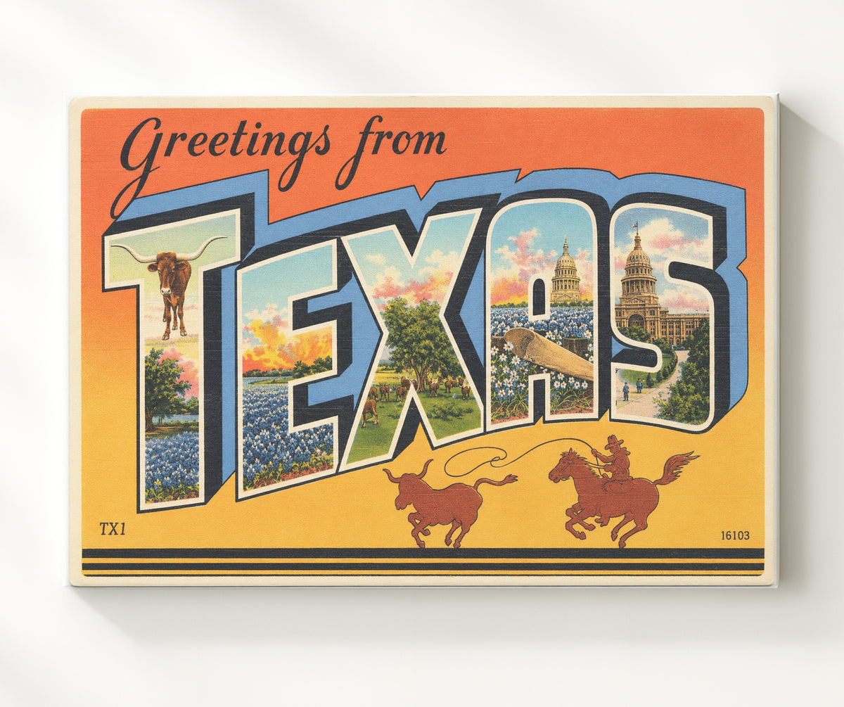 Greetings from Texas - Bluebonnet State Scene 8x10 Canvas vintage postcard wall art