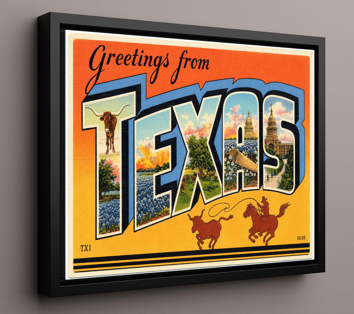 Greetings from Texas - Bluebonnet State Scene 8x10 Framed Canvas vintage postcard wall art