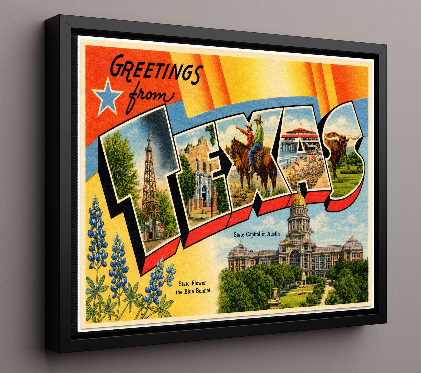 Greetings from Texas - State Capitol 8x10 Framed Canvas vintage postcard wall art