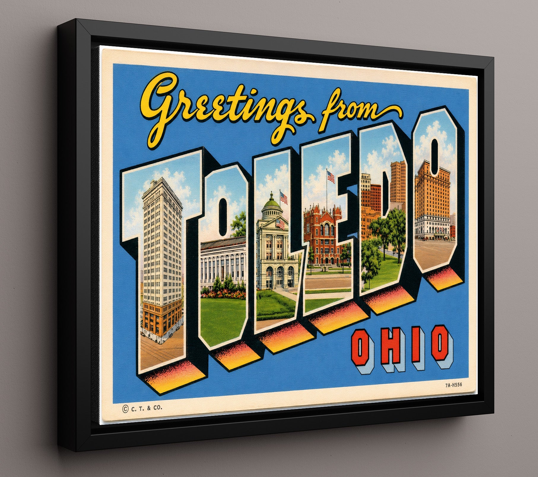 Toledo, Ohio Vintage Postcard - Vintage American Wall Art 16x20 Floating Canvas Display wall art print – framed decor