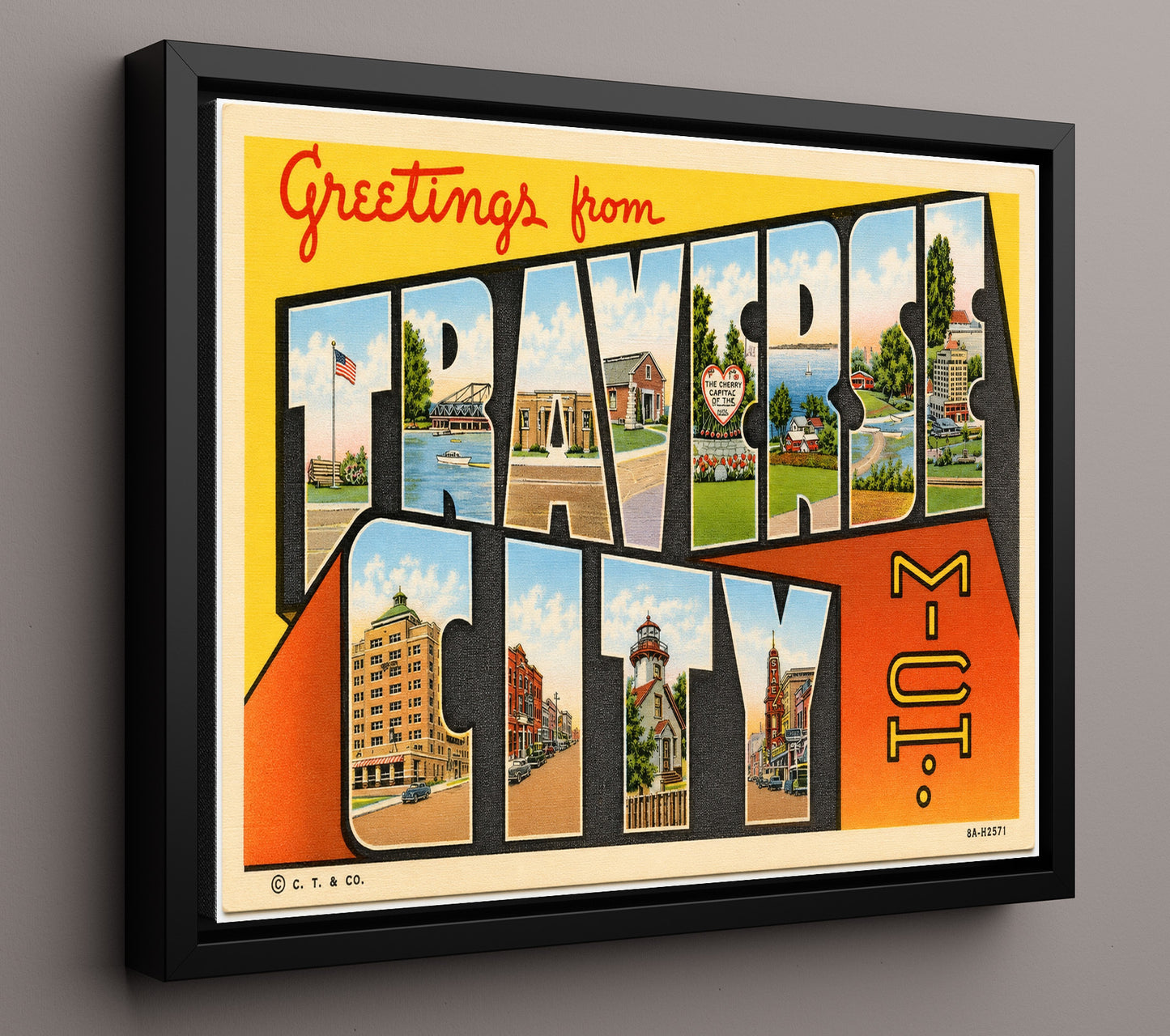 Traverse City, Michigan Vintage Postcard - Vintage American Wall Art 16x20 Floating Canvas Display wall art print – framed decor