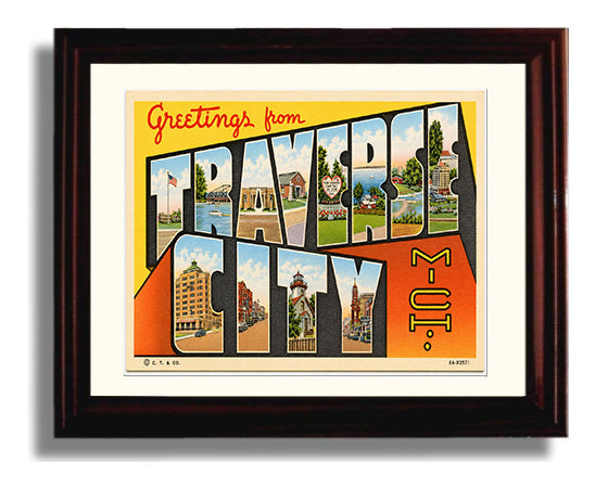 Traverse City, Michigan Vintage Postcard - Vintage American Wall Art Framed 8x10 Matted Beveled Frame wall art print – framed decor