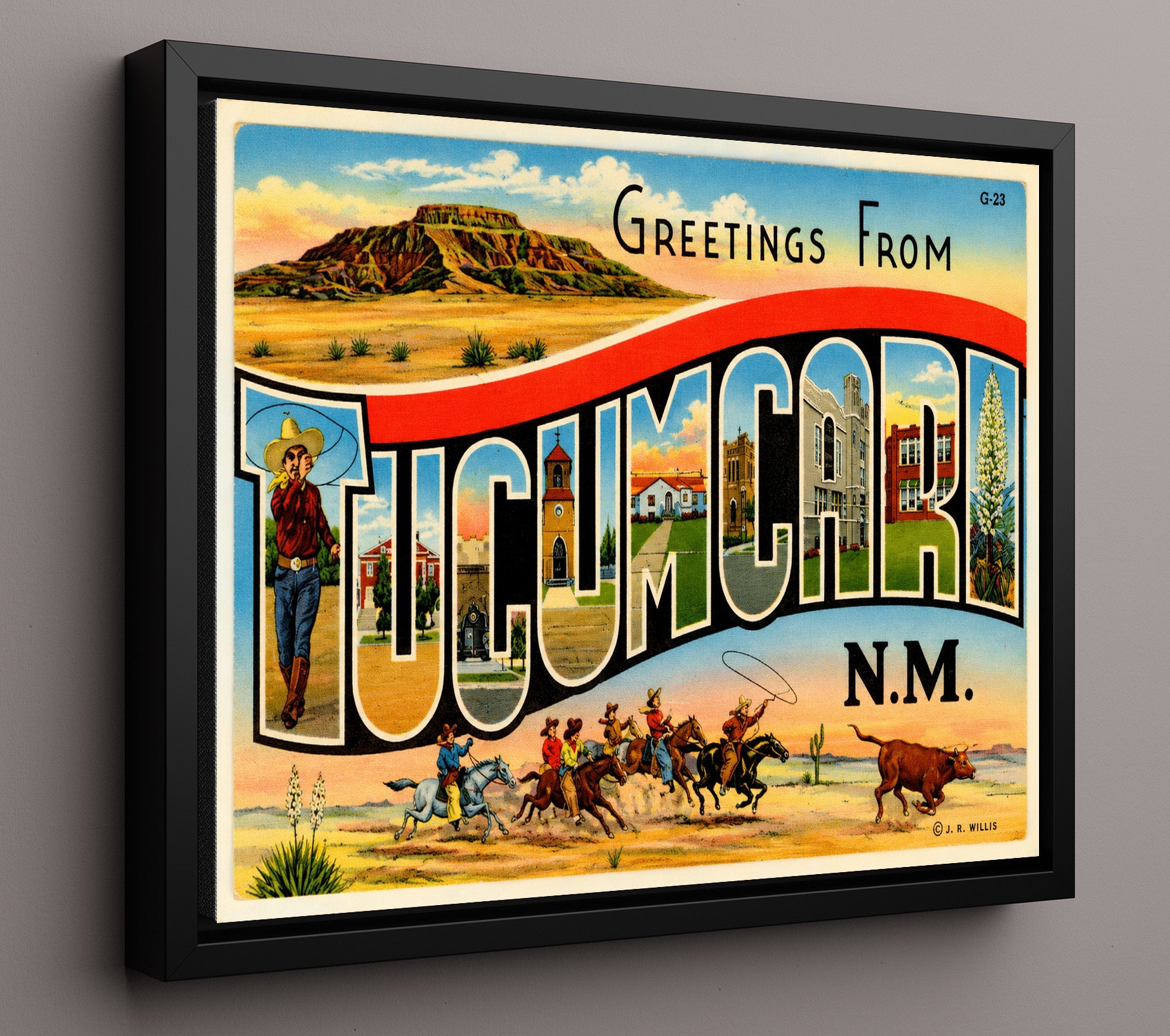 Tucumcari, New Mexico Vintage Postcard - Vintage American Wall Art 16x20 Floating Canvas Display wall art print – framed decor
