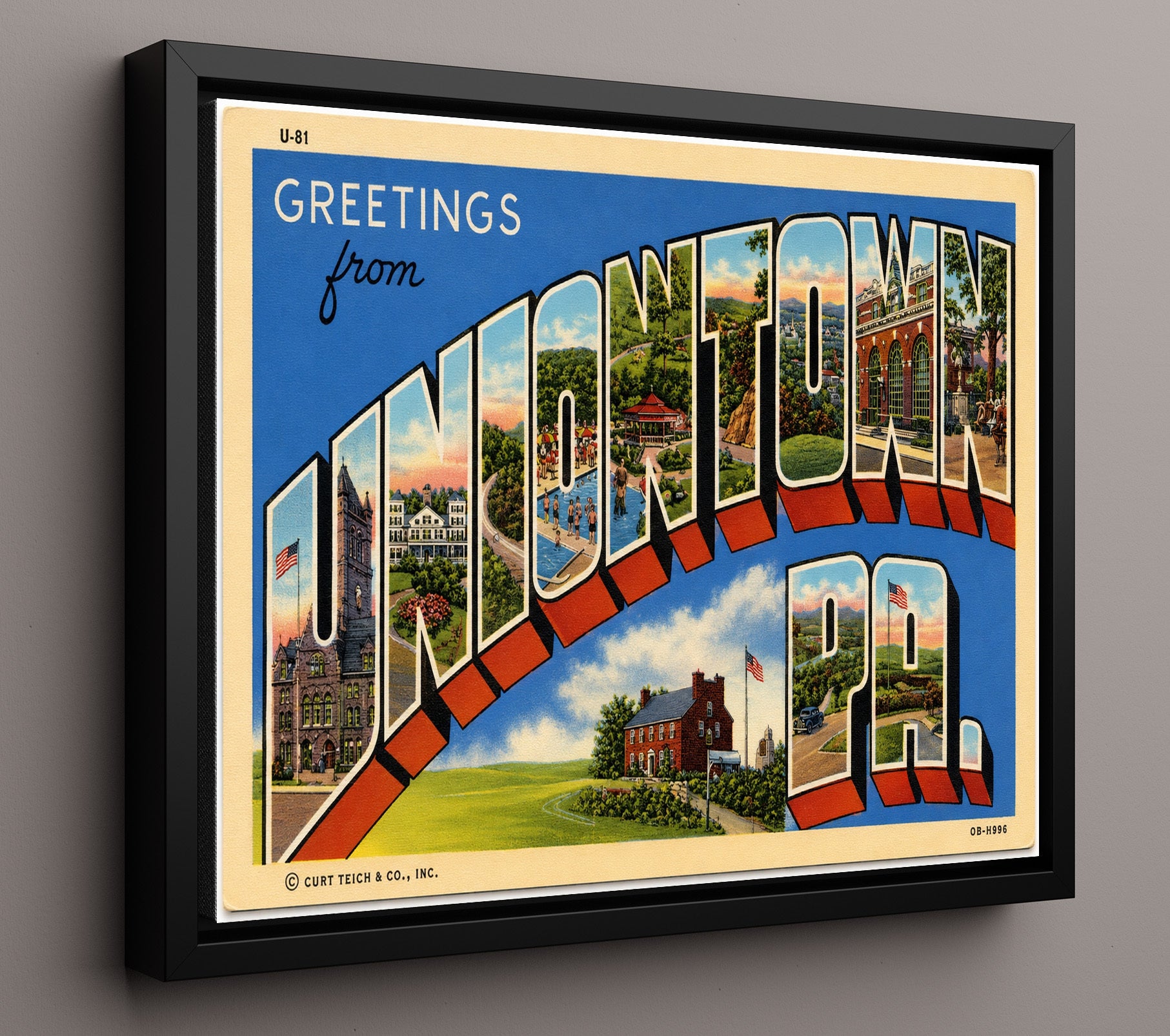 Greetings from Uniontown, Pennsylvania 8x10 Framed Canvas vintage postcard wall art