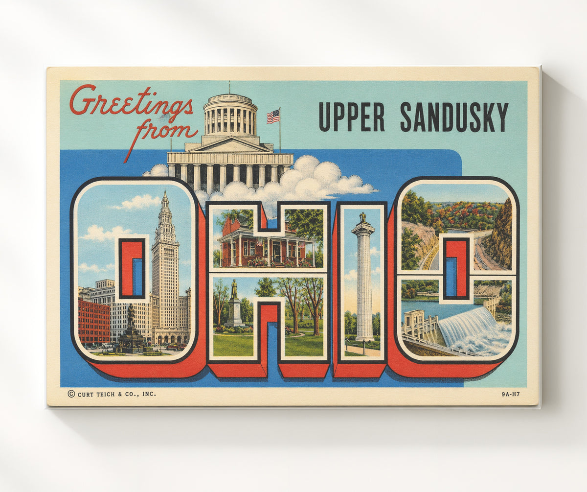 Greetings from Upper Sandusky, Ohio 8x10 Canvas vintage postcard wall art