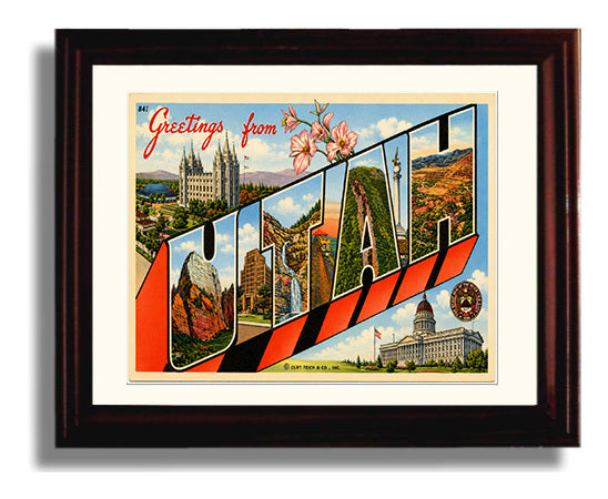 Utah Vintage Postcard - Vintage American Wall Art Framed 8x10 Matted Beveled Frame wall art print – framed decor
