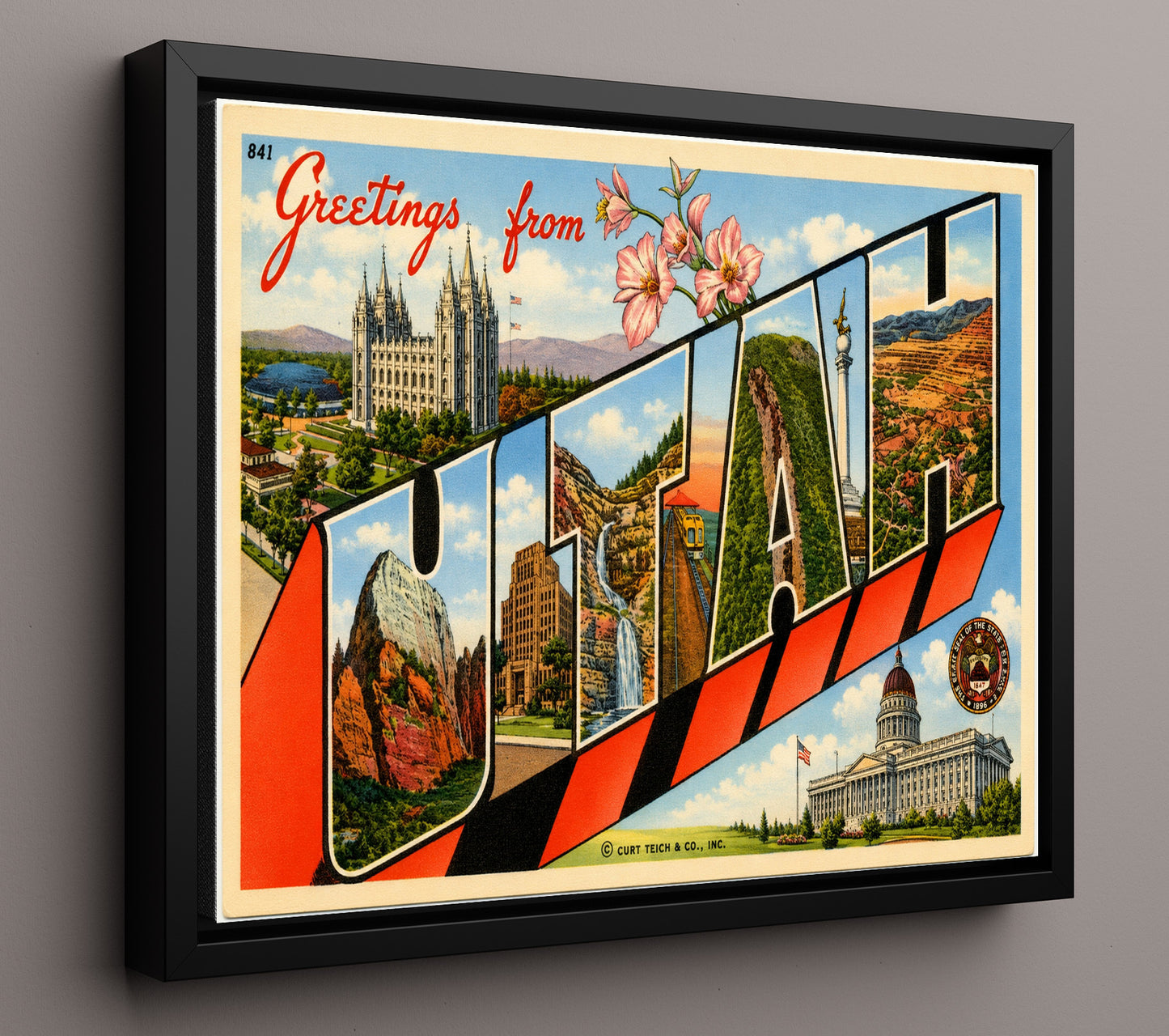 Utah Vintage Postcard - Vintage American Wall Art 16x20 Floating Canvas Display wall art print – framed decor