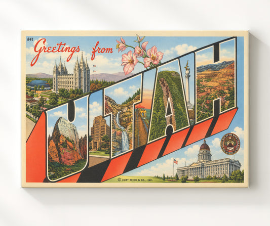 Greetings from Utah 8x10 Canvas vintage postcard wall art