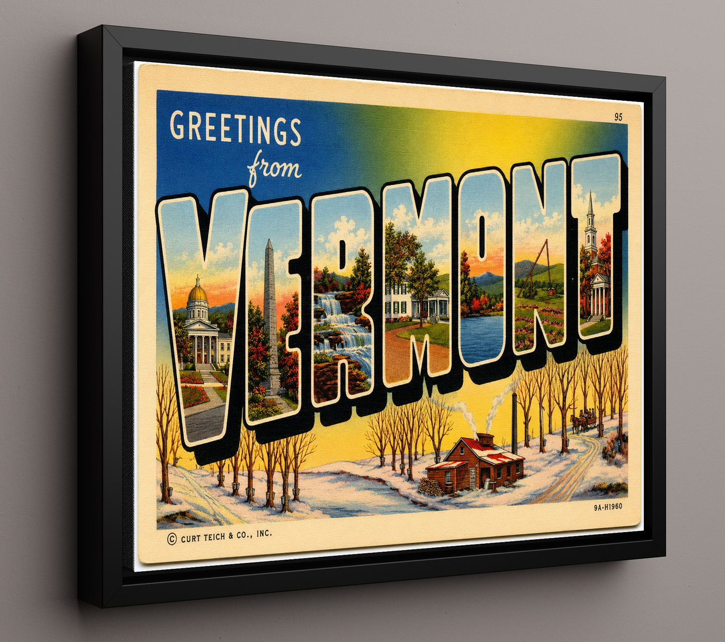 Vermont Vintage Postcard - Vintage American Wall Art 16x20 Floating Canvas Display wall art print – framed decor