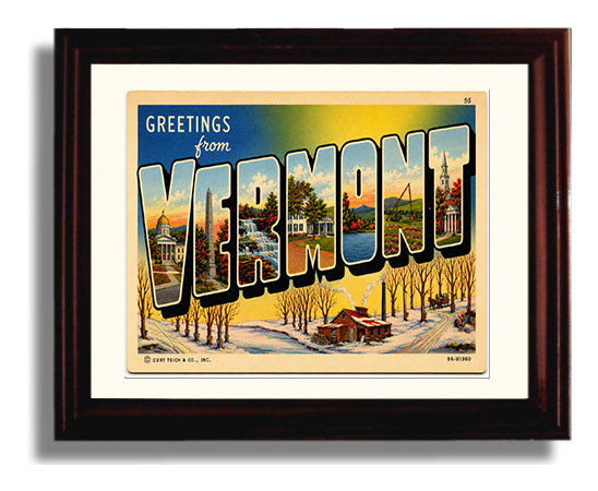Greetings from Vermont 8x10 Beveled Frame vintage postcard wall art