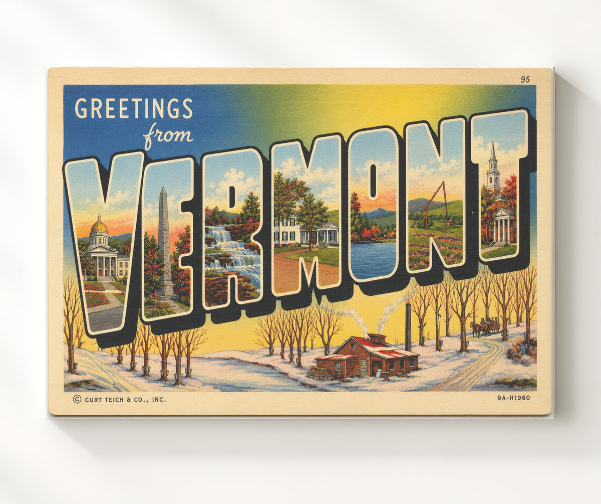Greetings from Vermont 8x10 Canvas vintage postcard wall art