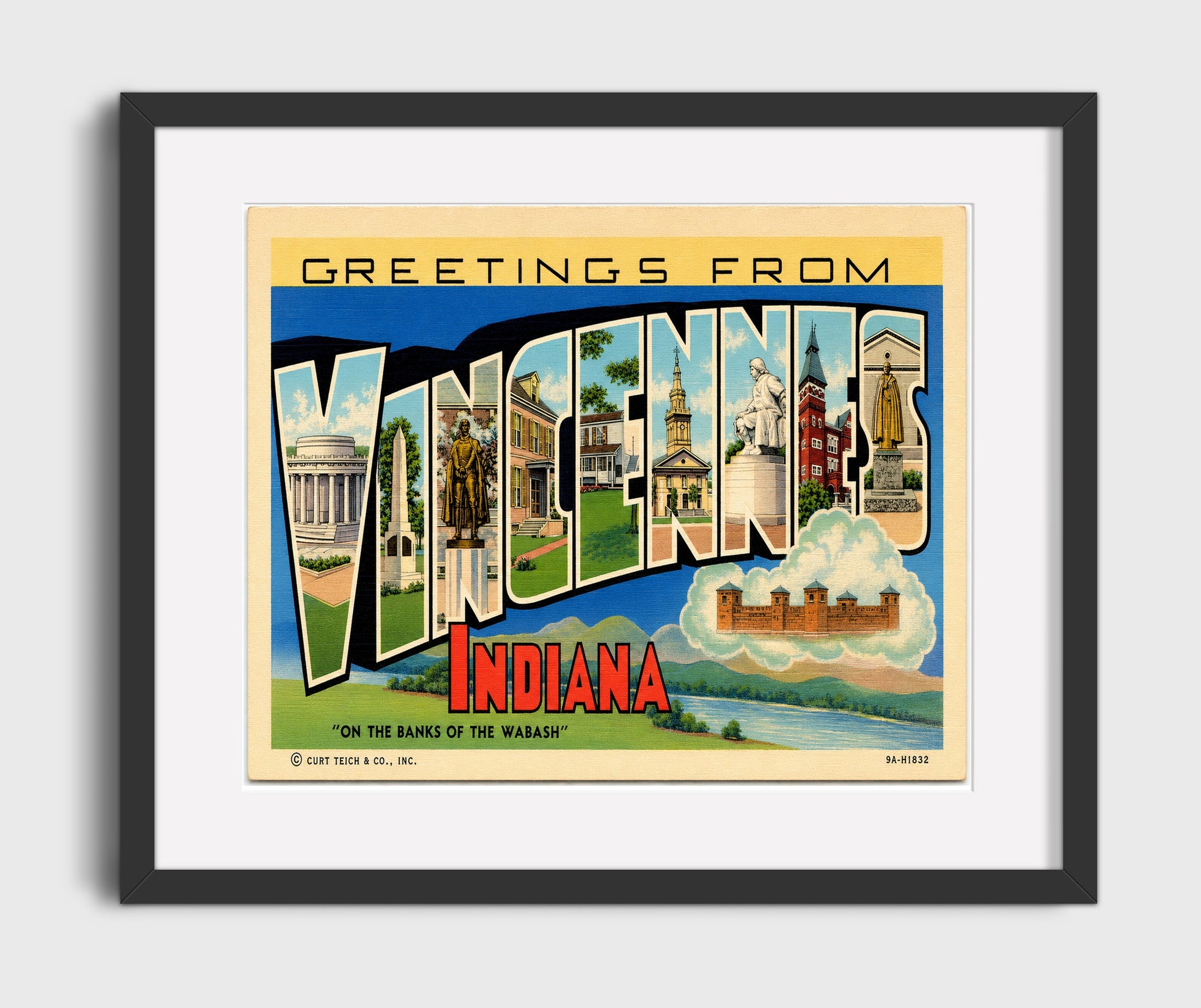 Vincennes, Indiana Vintage Postcard - Vintage American Wall Art 16x20 Gallery Framed Artwork wall art print – framed decor