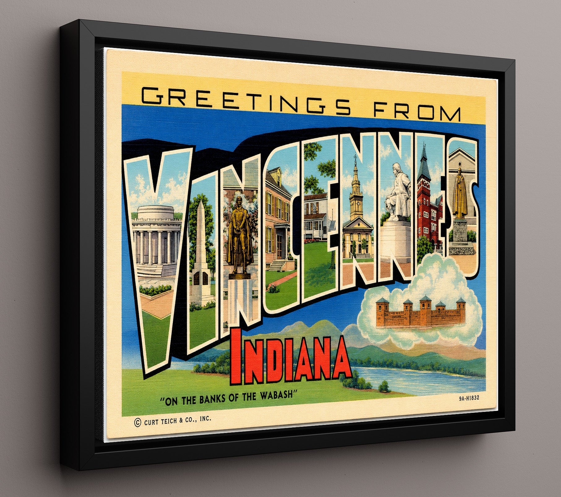 Vincennes, Indiana Vintage Postcard - Vintage American Wall Art 16x20 Floating Canvas Display wall art print – framed decor