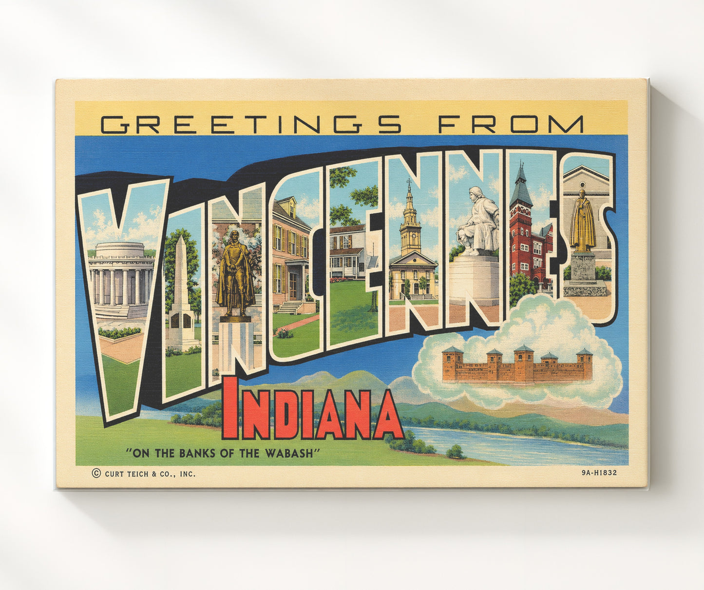 Greetings from Vincennes, Indiana 8x10 Canvas vintage postcard wall art