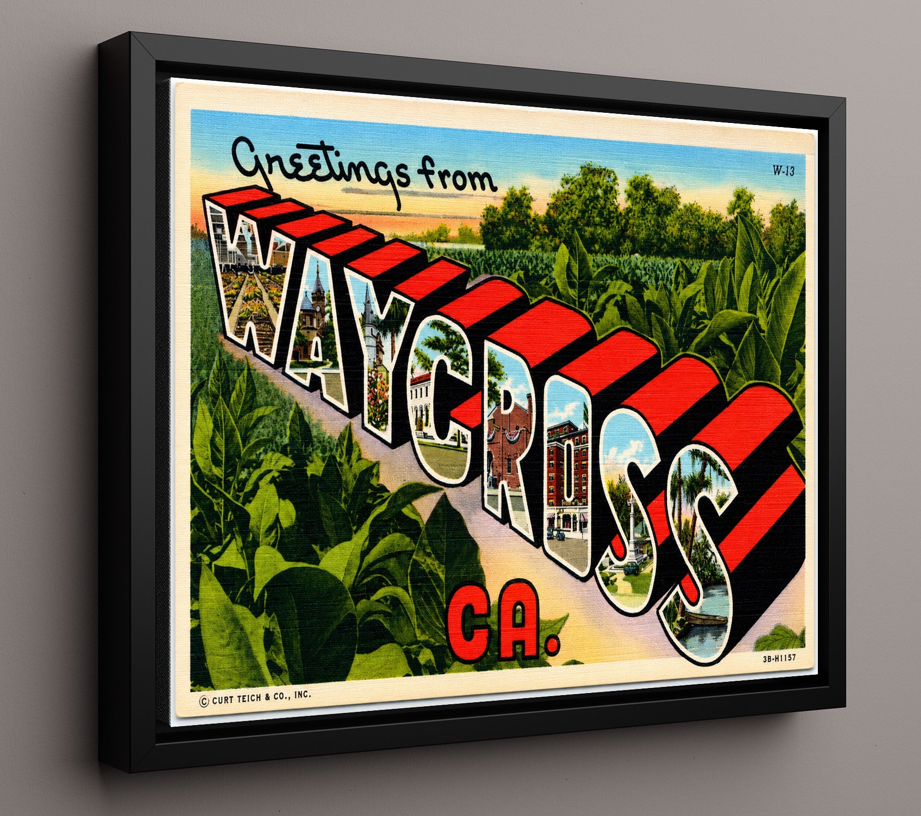 Waycross, Georgia Vintage Postcard - Vintage American Wall Art 16x20 Floating Canvas Display wall art print – framed decor