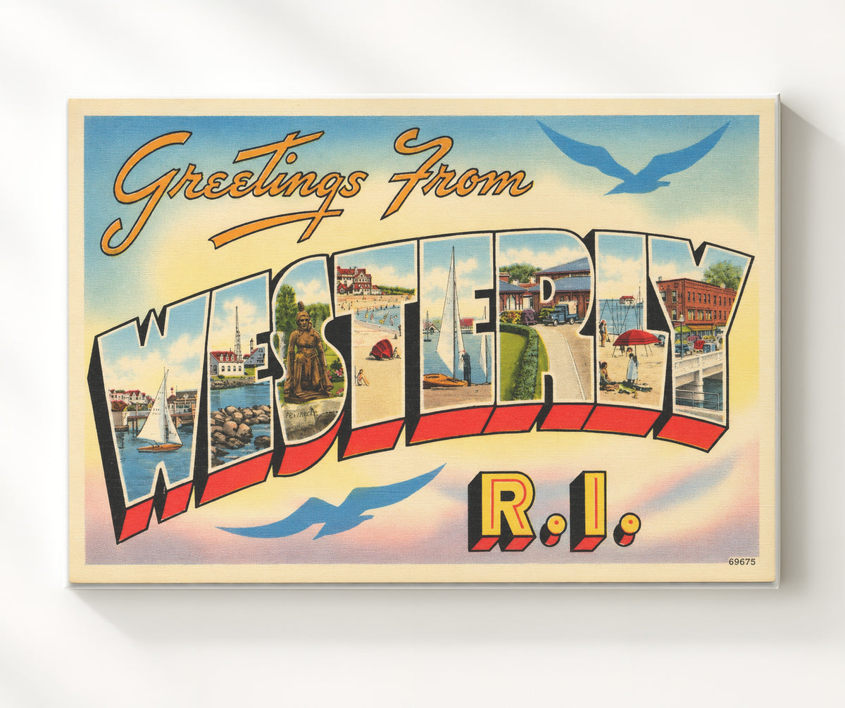 Greetings from Westerly, Rhode Island 8x10 Canvas vintage postcard wall art