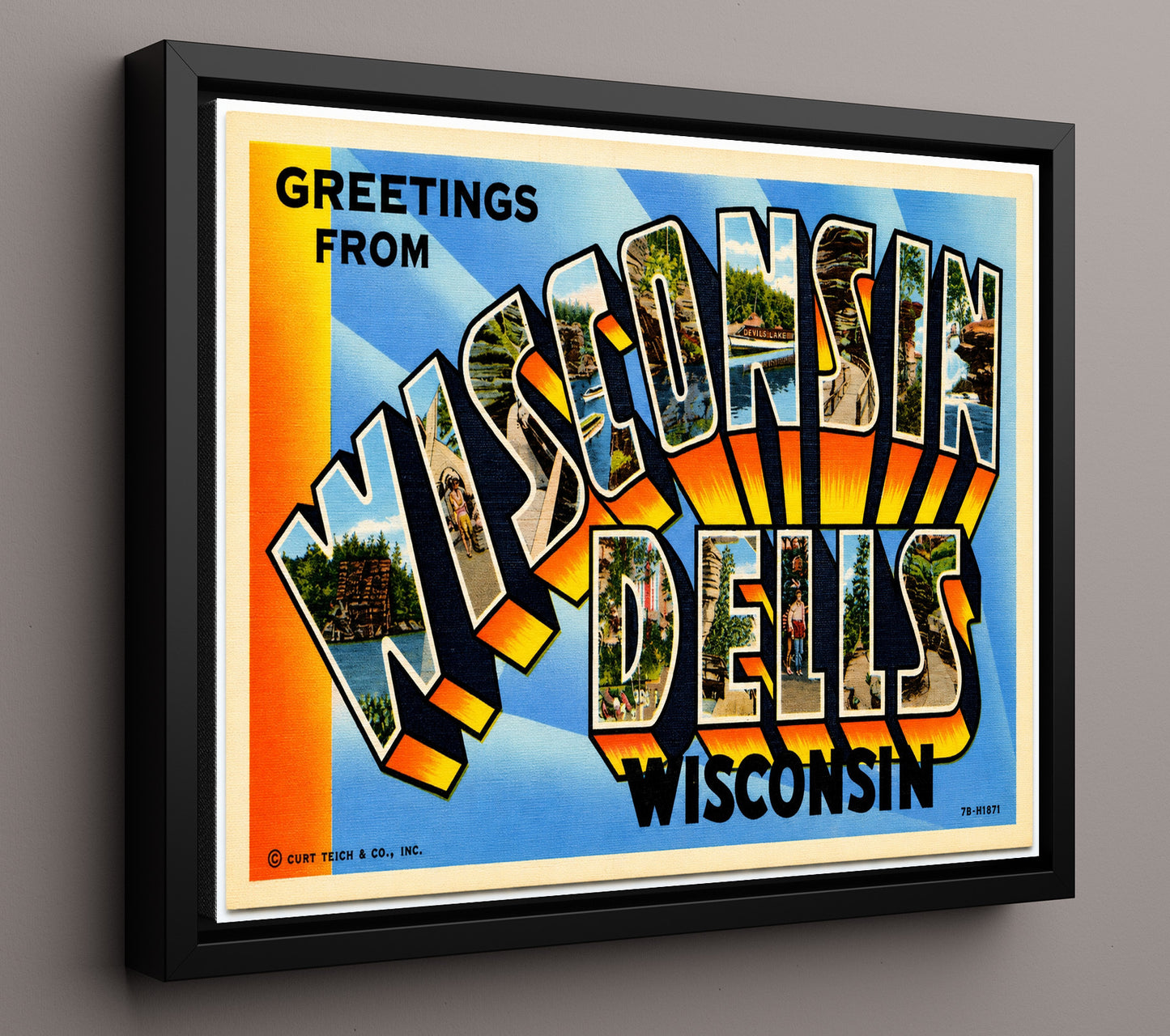 Wisconsin Dells, Wisconsin Vintage Postcard - Vintage American Wall Art 16x20 Floating Canvas Display wall art print – framed decor