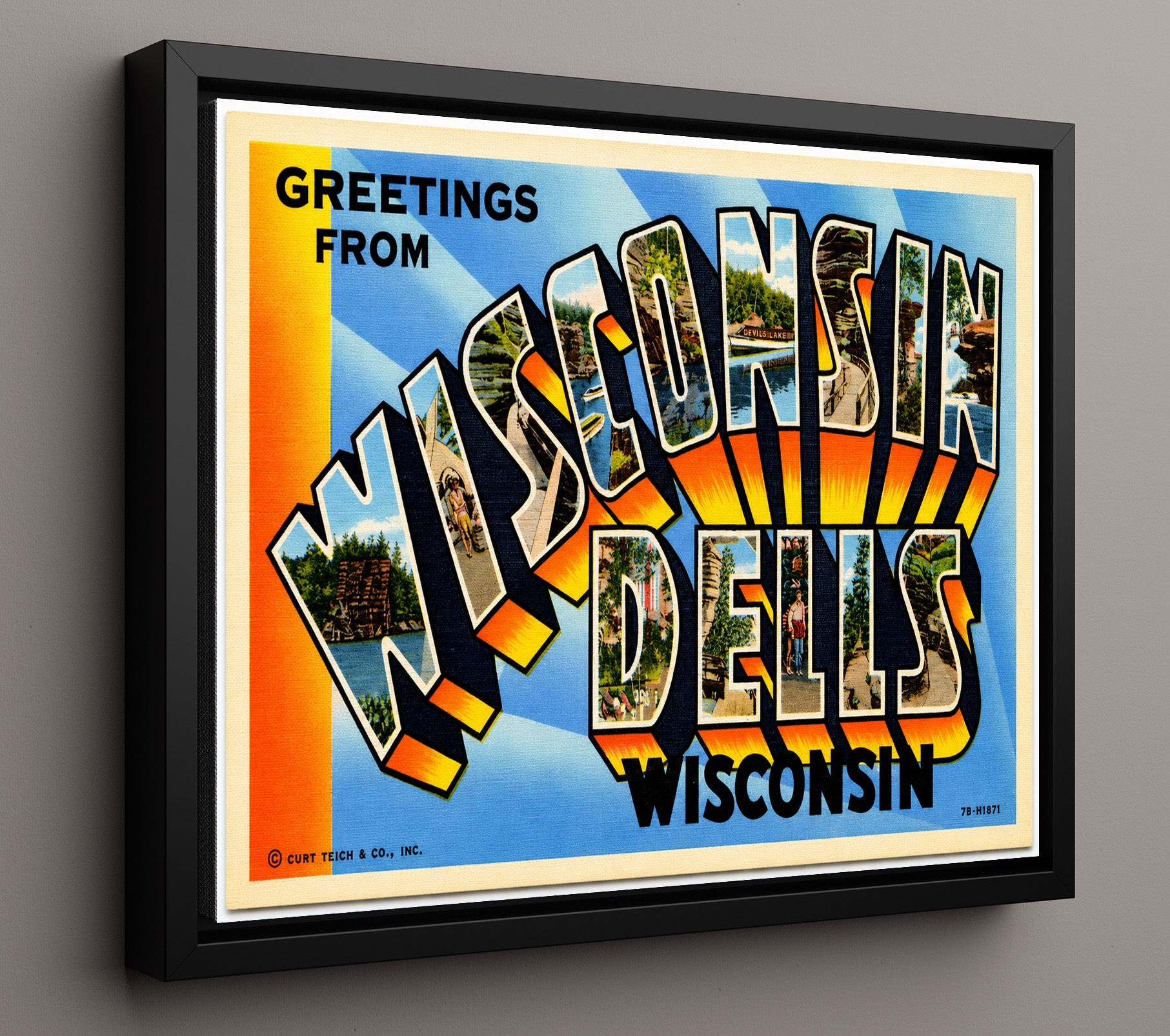 Wisconsin Dells, Wisconsin Vintage Postcard - Vintage American Wall Art 16x20 Floating Canvas Display wall art print – framed decor