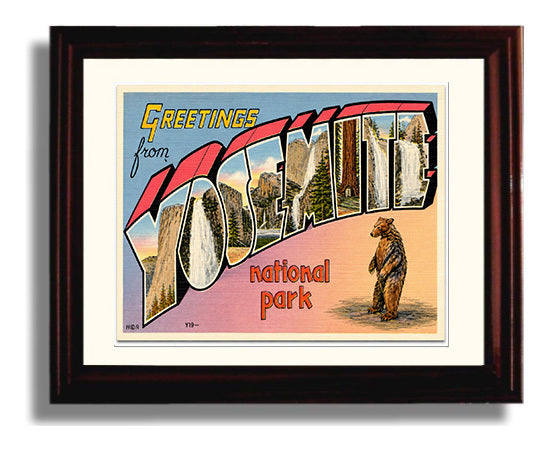 Yosemite National Park California Bear Vintage Postcard - Vintage American Wall Art Framed 8x10 Matted Beveled Frame wall art print – framed decor