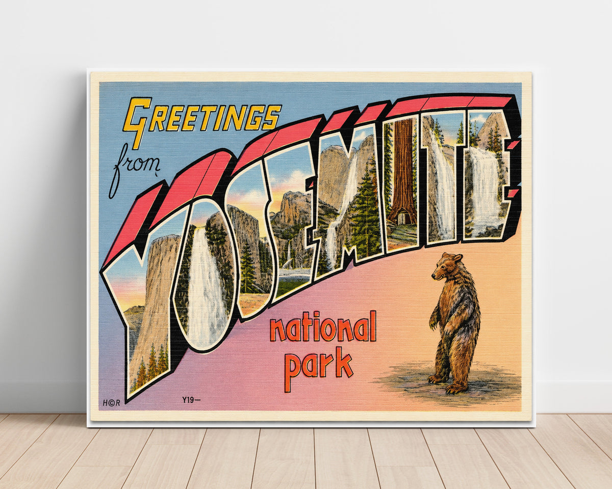 Greetings from Yosemite National Park, California - Bear Design 8x10 Unframed Print vintage postcard wall art