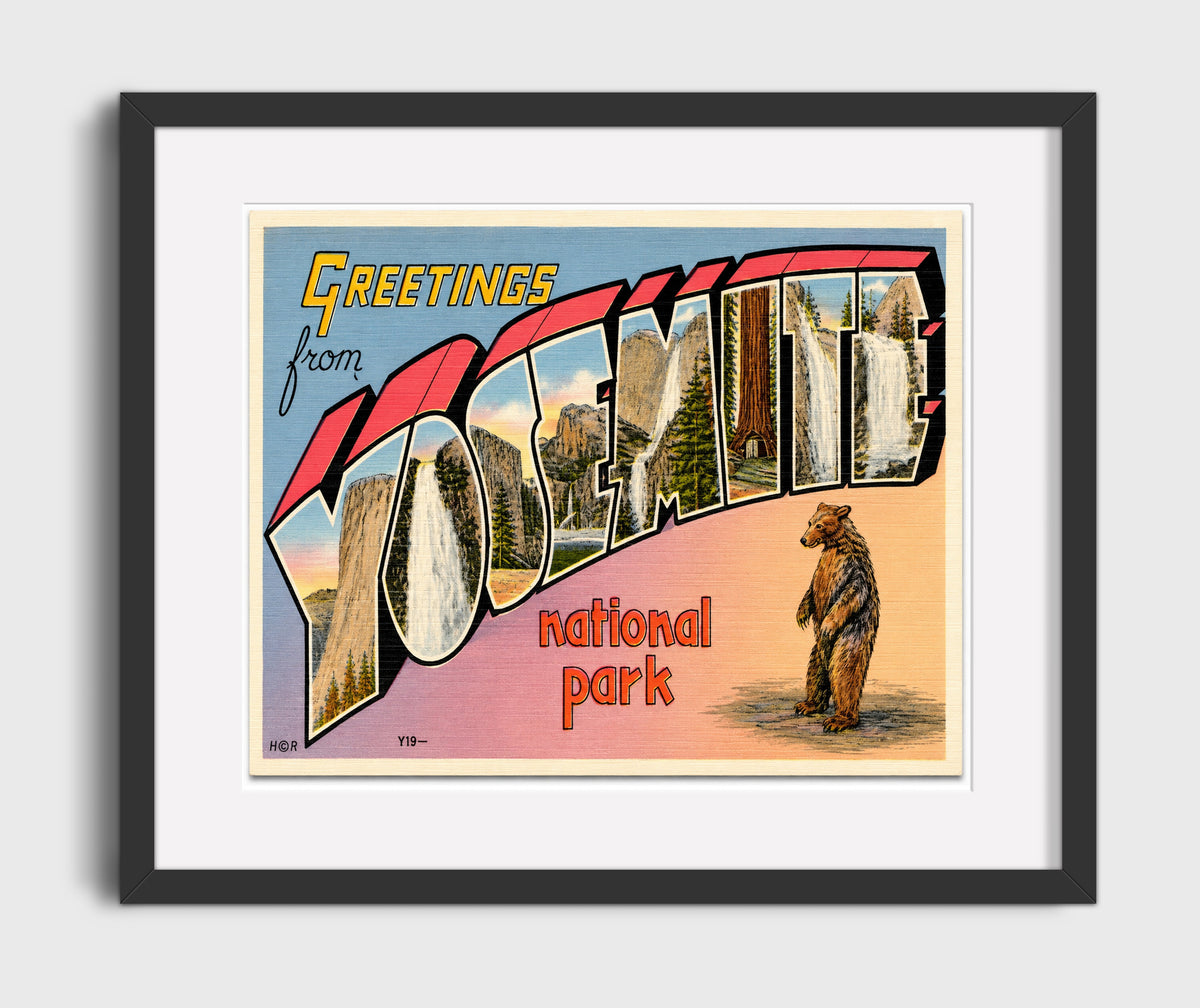 Greetings from Yosemite National Park, California - Bear Design 16x20 Gallery Frame vintage postcard wall art
