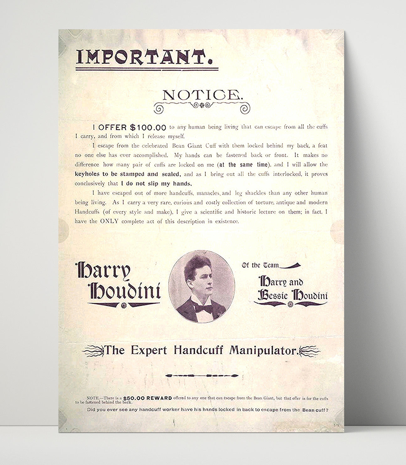 Houdini - 100 Dollar Escape Challenge - Magic Poster - 16x20 Unframed Print