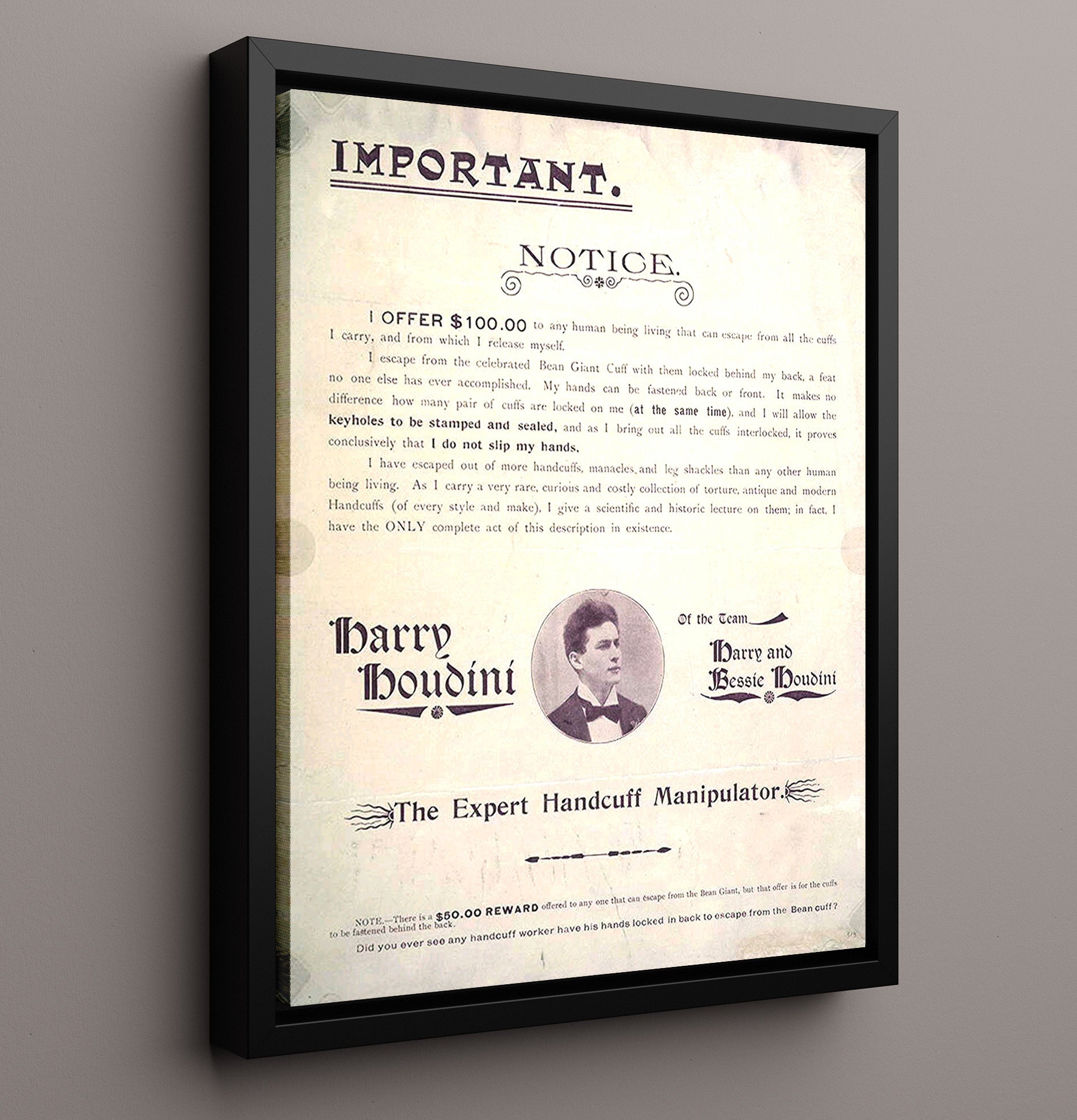 Houdini - 100 Dollar Escape Challenge - Magic Poster - 16x20 Framed Canvas
