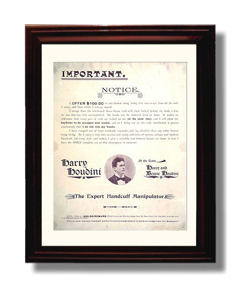 Houdini - 100 Dollar Escape Challenge - Magic Poster - 8x10 Beveled Frame