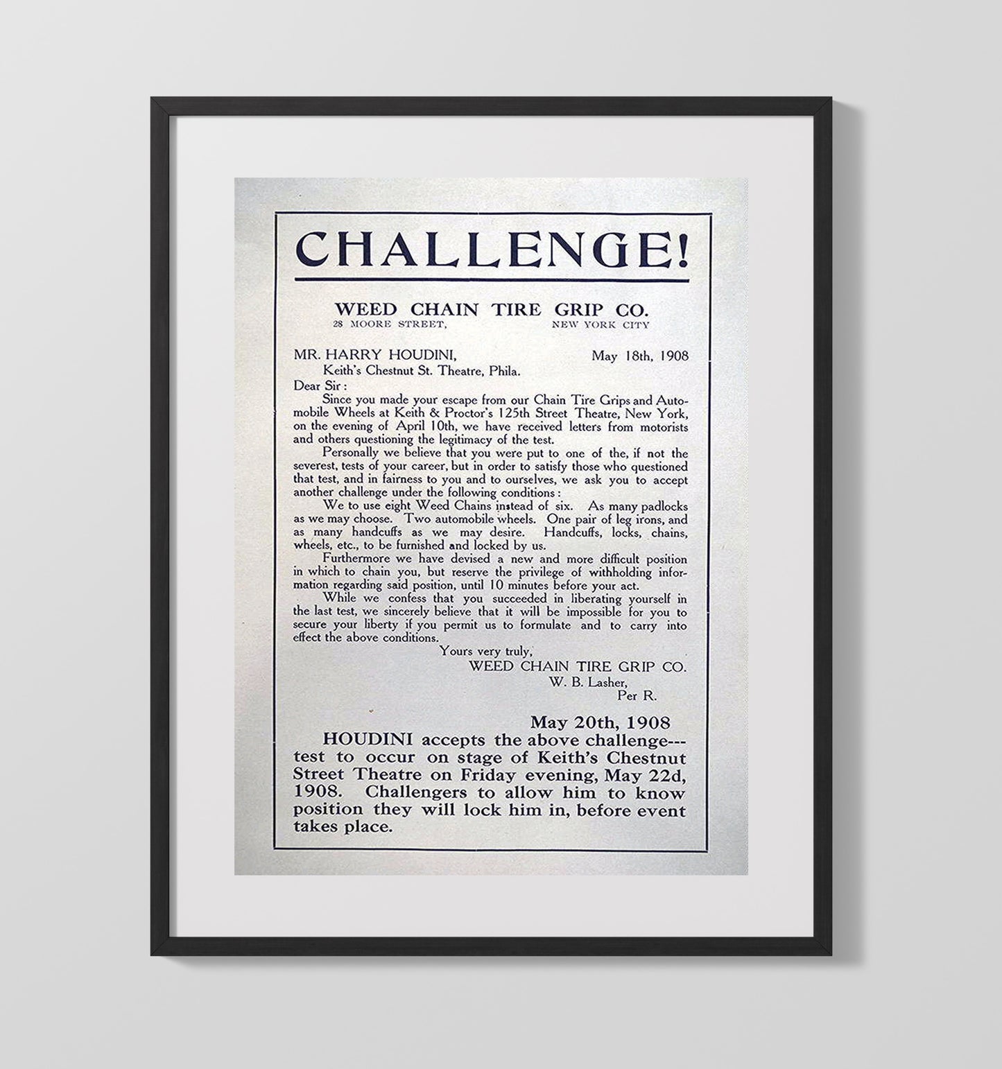 Houdini - Escape Challenge - Magic Poster - 16x20 Gallery Frame