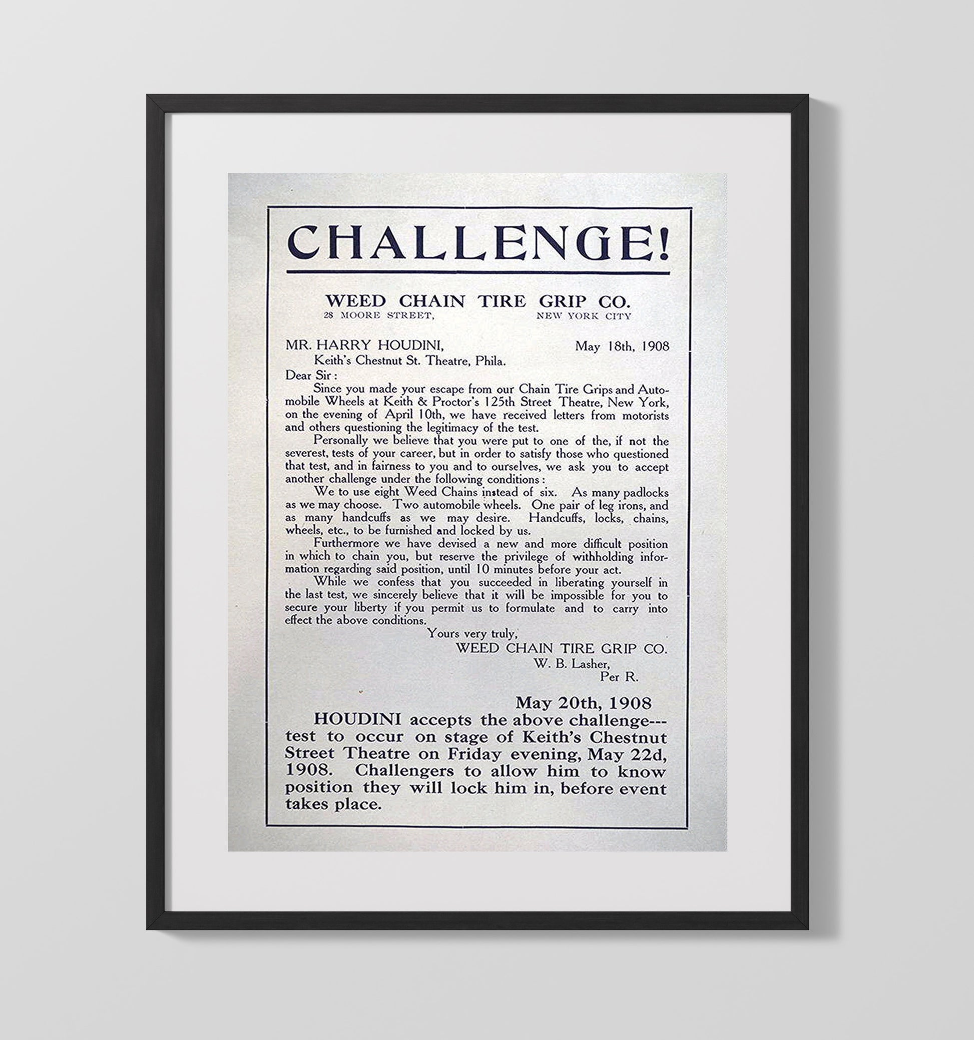 Houdini - Escape Challenge - Magic Poster - 16x20 Gallery Frame