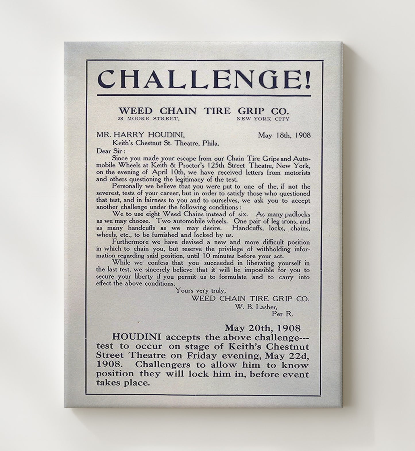 Houdini - Escape Challenge - Magic Poster - 20x24 Canvas
