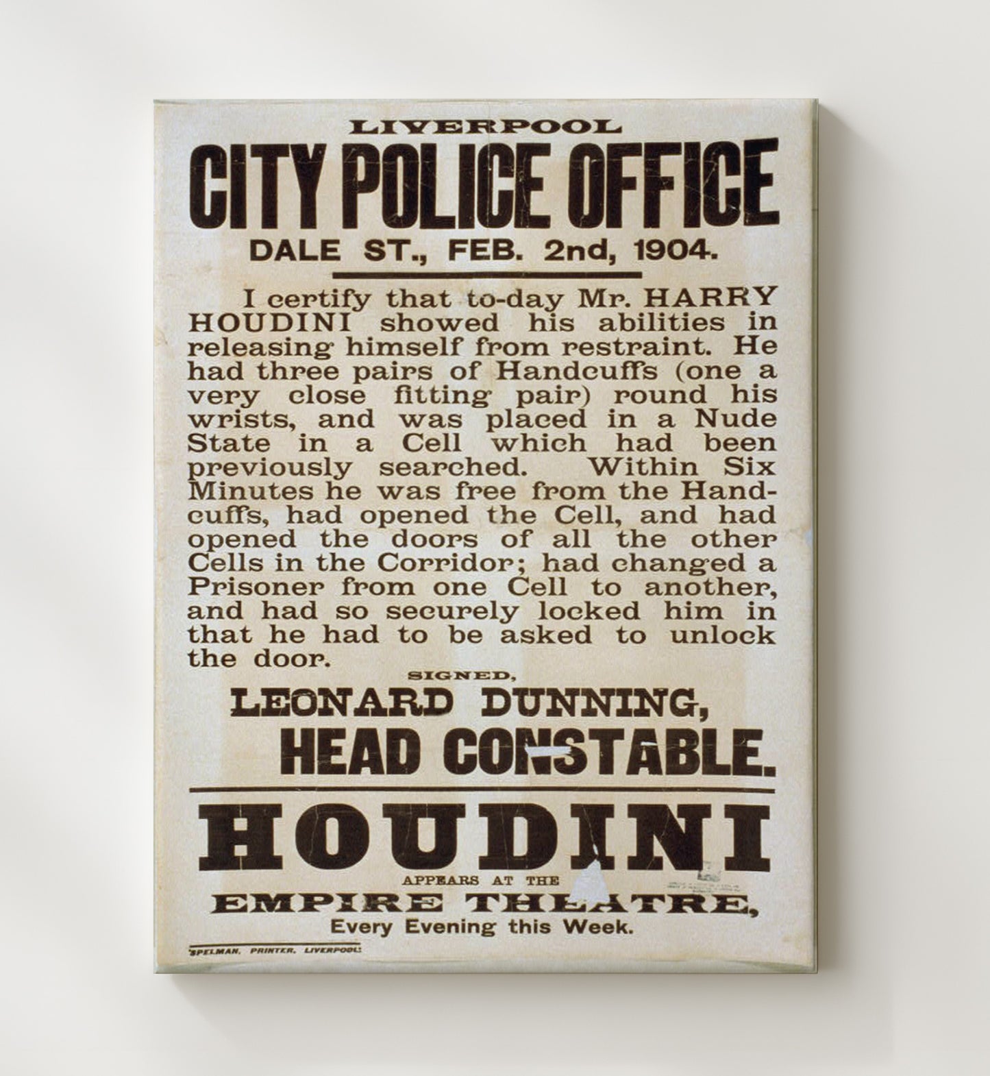 Houdini - Liverpool Police Affidavit - Magic Poster - 20x24 Canvas